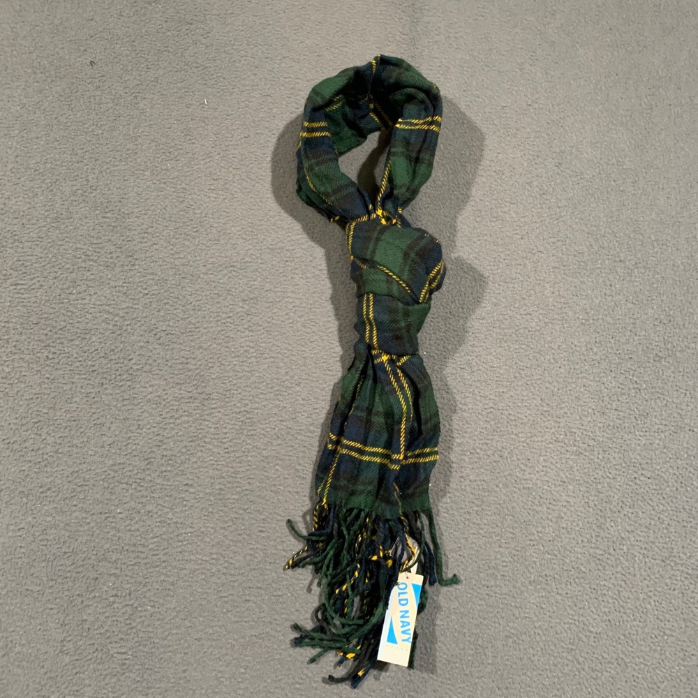 90s Old Navy Scarf Women Green Blue Yellow Plaid Fringe Acrylic Winter Preppy